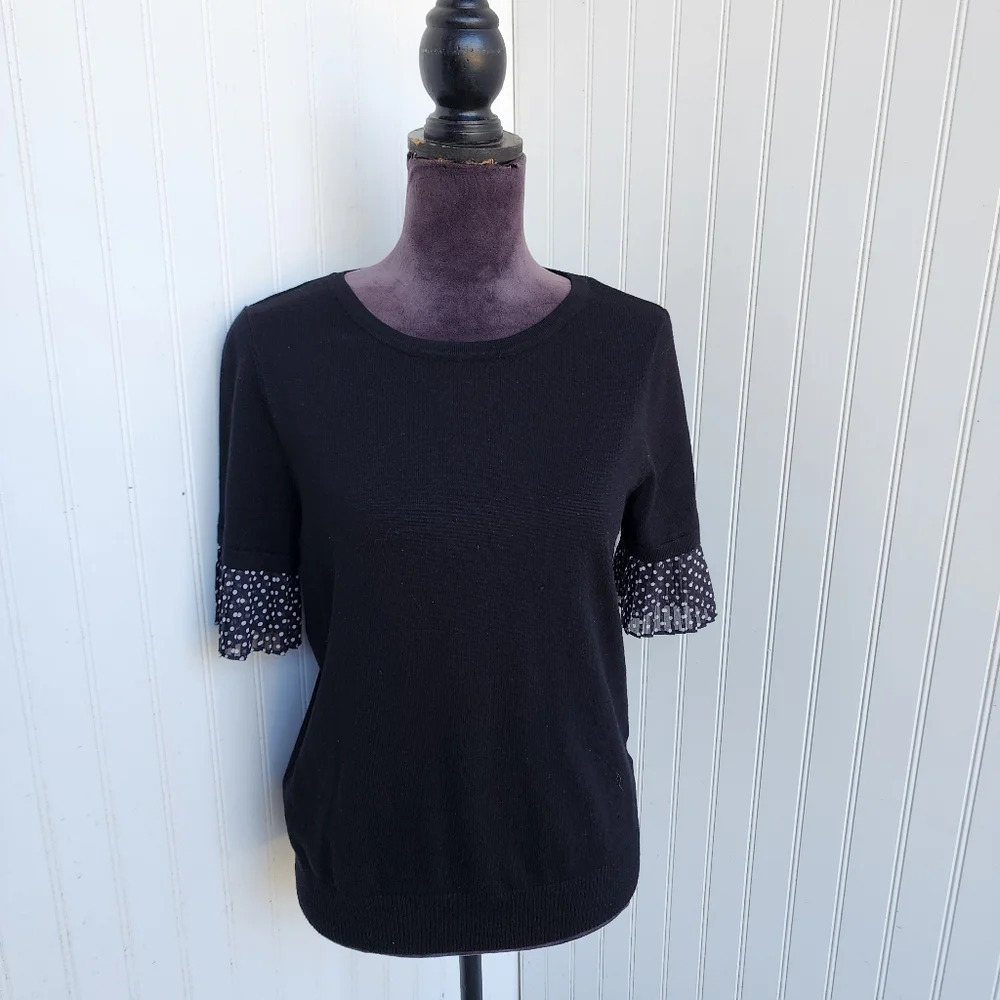 Vila Milano Office Black Sweater Pleated Ruffle Polka Cuff Stretch Long Sleeve L